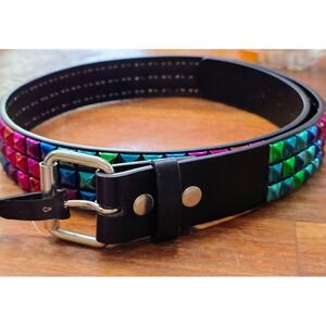 Rainbow Studded Belt 3 Row Metallic Pyramid Studs Black Faux Leather Size L NEW